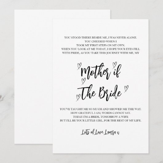 Moeder van de bruid bruiloft gedicht Kaart (Voorkant / Achterkant)