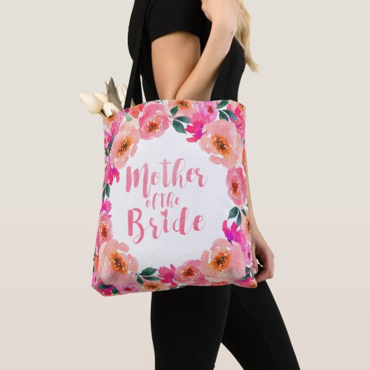 Moeder van de Bruid Rustiek Roze Waterverf Bloemen Tote Bag (Dichtbij)