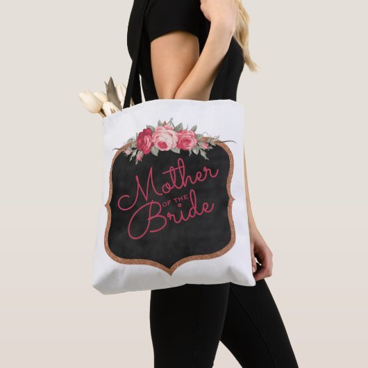 Moeder van de bruid Script Pink Floral Wedding Tote Bag (Dichtbij)