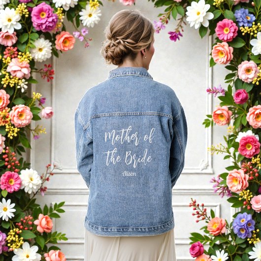 Moeder van de bruid trouwen wit schrift denim jacket
