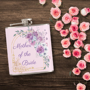 moeder van de bruid, waterverf roze goud bloem heupfles