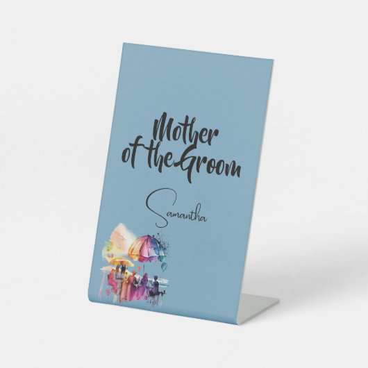 Moeder van de bruidegom - bewerkbare tekst op blau reclamebord met voetstuk (Voorkant)