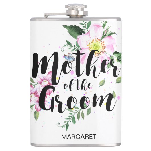 Moeder van de Bruidegom Bloemschildering Bruiloft Heupfles (Voorkant)