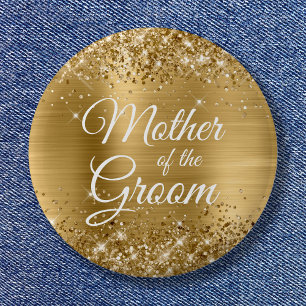 Moeder van de bruidegom glinsterende gouden folie ronde button 5,7 cm