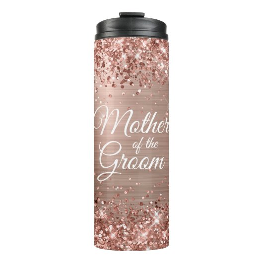 Moeder van de bruidegom Glitterige Roze Gouden Gla Thermosbeker (Voorkant)
