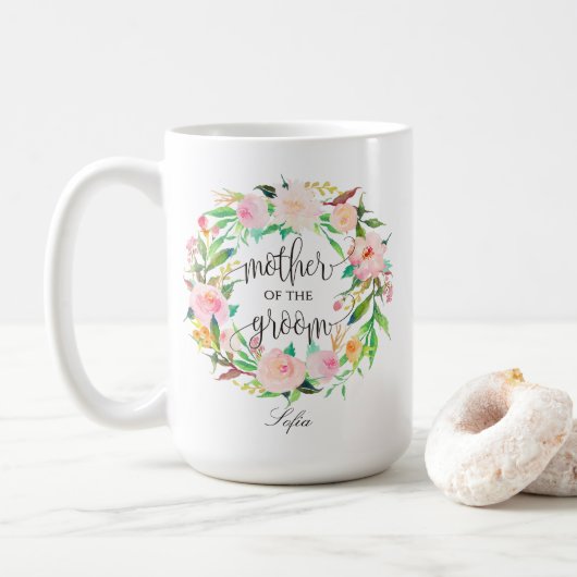 Moeder van de Groom, Calligrafie, Floral Wreath-5 Koffiemok (Met donut)