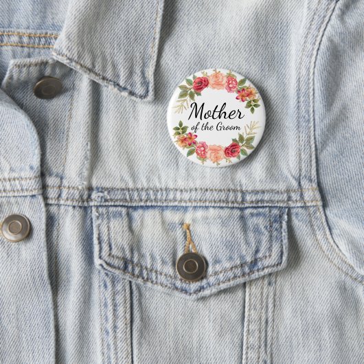 Moeder van de Groom Pink Red Floral Wreath Button (In situ)