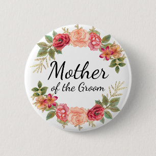 Moeder van de Groom Pink Red Floral Wreath Button