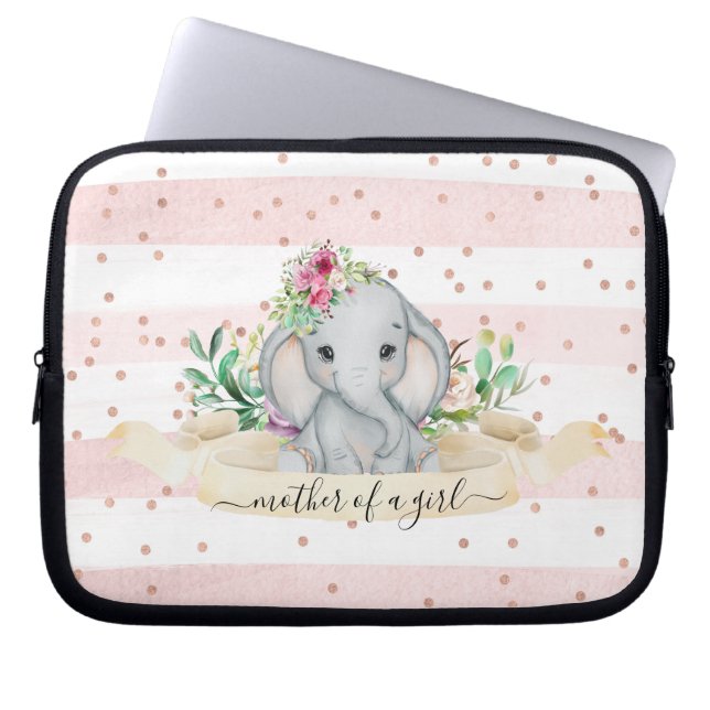 Moeder van een meisje - Baby Elephant en Bloemen Laptop Sleeve (Voorkant)