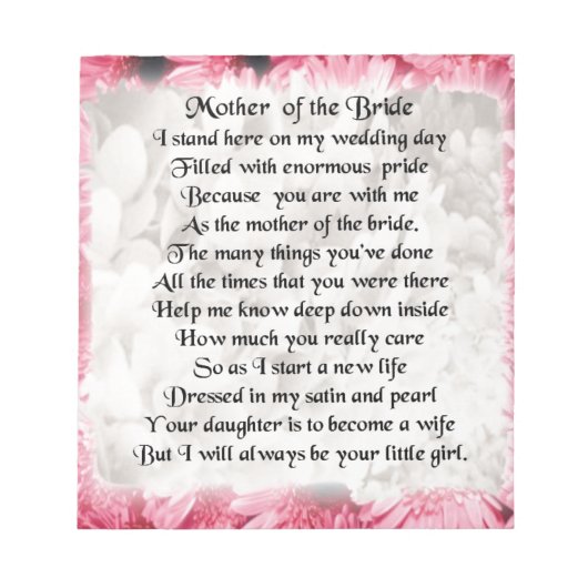 Moeder van het Bride Poem - Roze Floral Design Notitieblok (Voorkant)