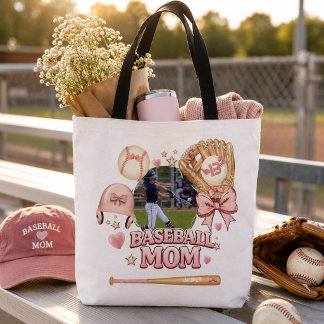 Moeder van Honkbal Foto Collage Roze Strik Roze Sp Tote Bag