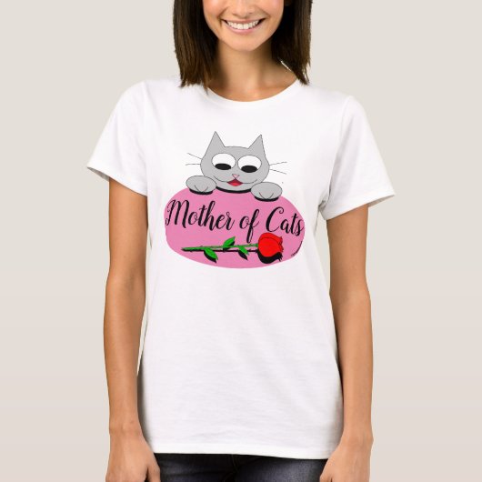 Moeder van katten Cartoon Kat met lange stengelrod T-shirt (Voorkant)
