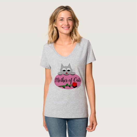 Moeder van katten met rode rozendop Lover V nek T-shirt (Voorkant volledig)