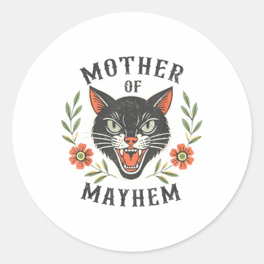 Moeder van Mayhem Grappige moeder Kat Moeder van M Ronde Sticker (Voorkant)