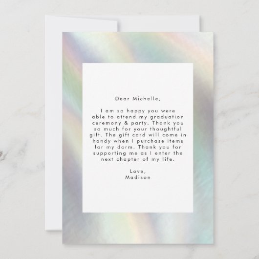 Moeder van Pearl Holographic Photo Afstuderen Bedankkaart (Achterkant)