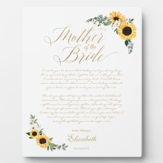 Moeder van The Bride Sunflower Message van Bride Fotoplaat (Voorkant)