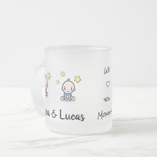 Moeder van tweeling Mok, nieuwe mam cadeau, jongen Matglas Koffiemok (Voorkant links)