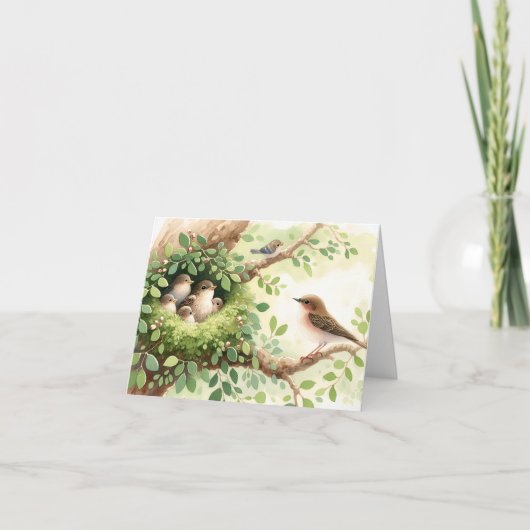 Moeder Vogel Met Baby's In Nest Kaart (Voorkant)