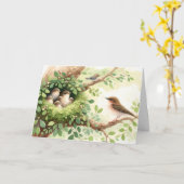Moeder Vogel Met Baby's In Nest Kaart (Gele Bloem)