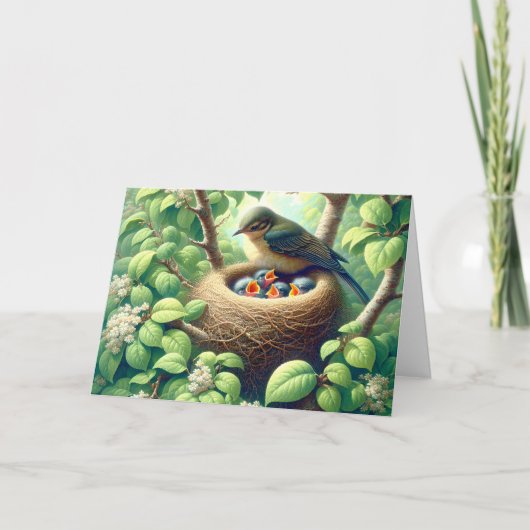 Moeder Vogel met Fledglings In Nest Kaart (Voorkant)