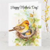 Moeder vogel voert haar baby's Moederdag Kaart (Gele Bloem)