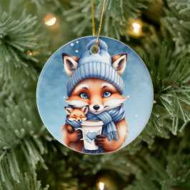 Moeder Vos en Baby in Blauw Pet en Sjaal Koffie Keramisch Ornament