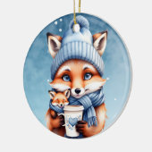 Moeder Vos en Baby in Blauw Pet en Sjaal Koffie Keramisch Ornament (Links)