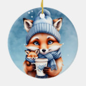 Moeder Vos en Baby in Blauw Pet en Sjaal Koffie Keramisch Ornament (Achterkant)