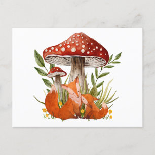 Moeder vos en haar Baby onder grote paddenstoelen Briefkaart