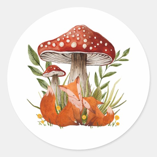 Moeder vos en haar Baby onder grote paddenstoelen Ronde Sticker (Voorkant)
