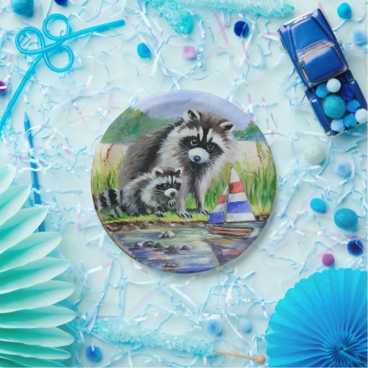 Moeder wasbeer, Baby en Speelgoed boot Papieren Bordje (Feest)