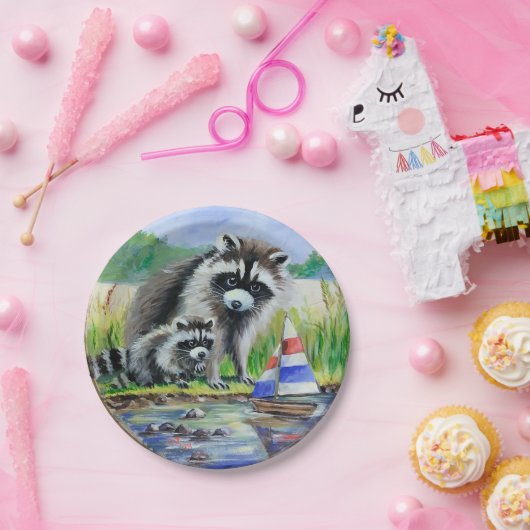 Moeder wasbeer, Baby en Speelgoed boot Papieren Bordje (Feest)