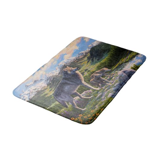 Moeder Wolf en Pups Mountain River Valley Badmat (Gekanteld)