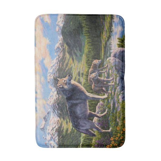 Moeder Wolf en Pups Mountain River Valley Badmat (Voorkant Verticaal)