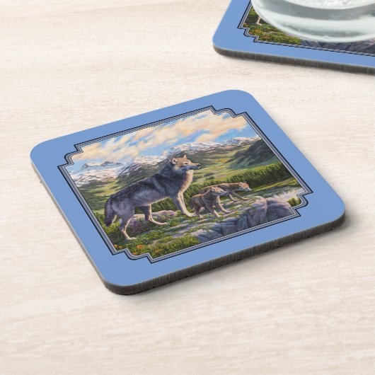 Moeder Wolf en Pups Mountain River Valley Bier Onderzetter (Linkerzijde)