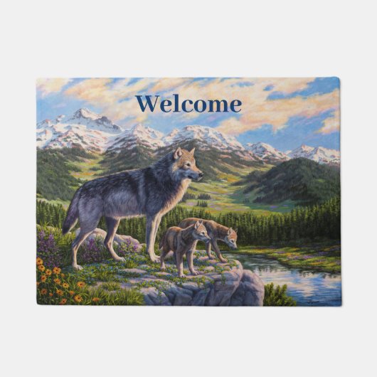 Moeder Wolf en Pups Mountain River Valley Deurmat (Voorkant)