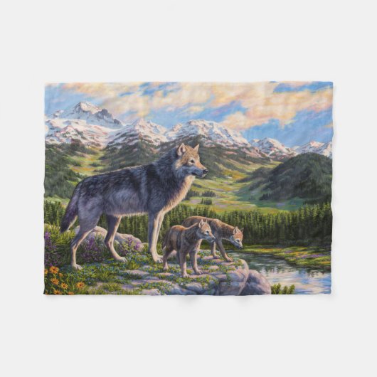 Moeder Wolf en Pups Mountain River Valley Fleece Deken (Voorkant (Horizontaal))