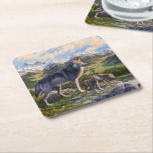 Moeder Wolf en Pups Mountain River Valley Kartonnen Onderzetters (Schuin)