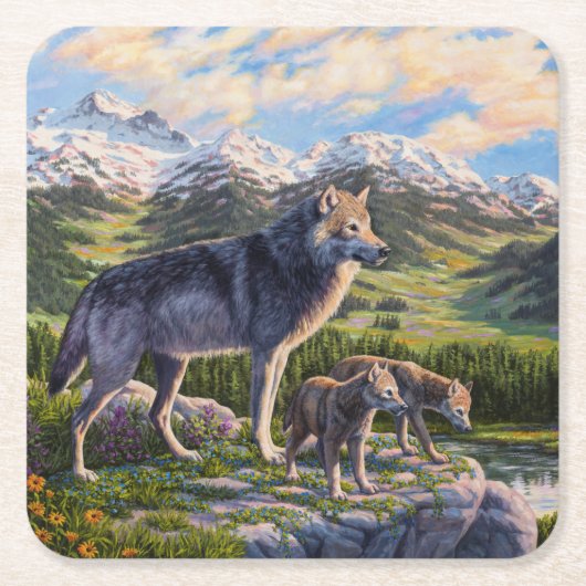 Moeder Wolf en Pups Mountain River Valley Kartonnen Onderzetters (Voorkant)