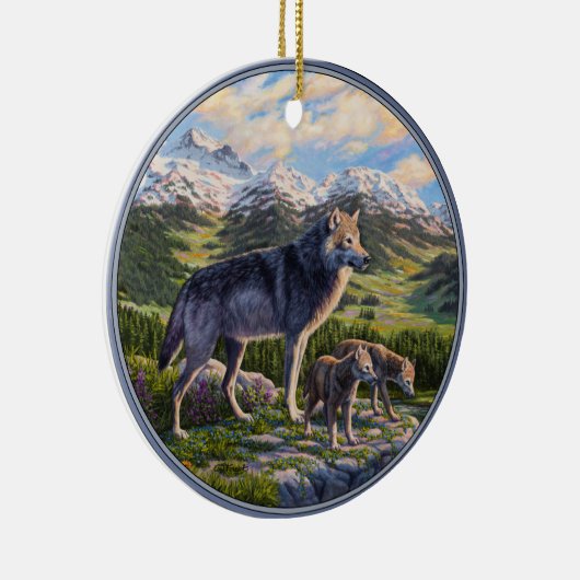 Moeder Wolf en Pups Mountain River Valley Keramisch Ornament (Rechts)