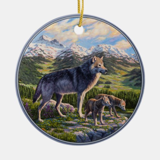 Moeder Wolf en Pups Mountain River Valley Keramisch Ornament (Voorkant)