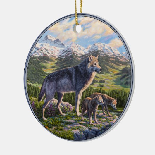 Moeder Wolf en Pups Mountain River Valley Keramisch Ornament (Links)