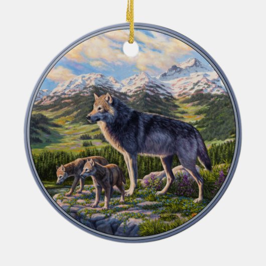 Moeder Wolf en Pups Mountain River Valley Keramisch Ornament (Achterkant)