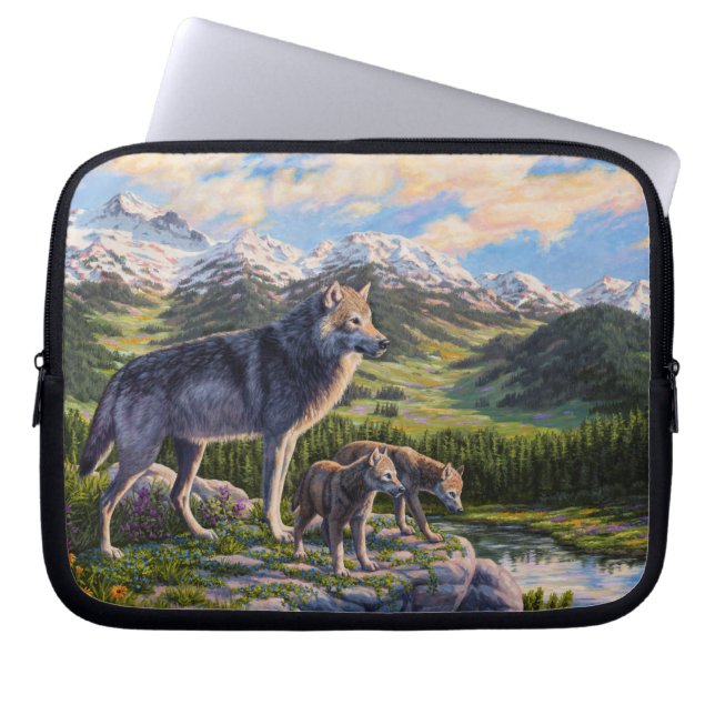 Moeder Wolf en Pups Mountain River Valley Laptop Sleeve (Voorkant)
