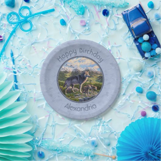 Moeder Wolf en Pups Mountain River Valley Papieren Bordje (Feest)