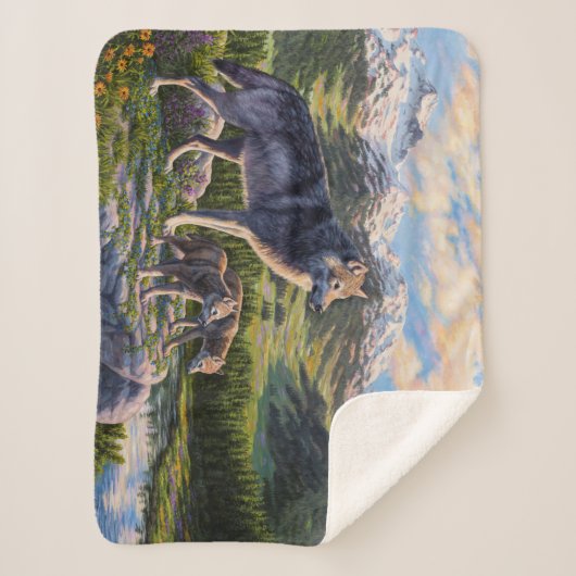 Moeder Wolf en Pups Mountain River Valley Sherpa Deken (Voorkant)