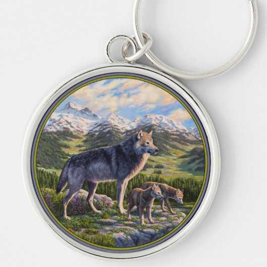 Moeder Wolf en Pups Mountain River Valley Sleutelhanger (Voorkant)
