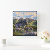 Moeder Wolf en Pups Mountain River Valley Vierkante Klok (Huis)