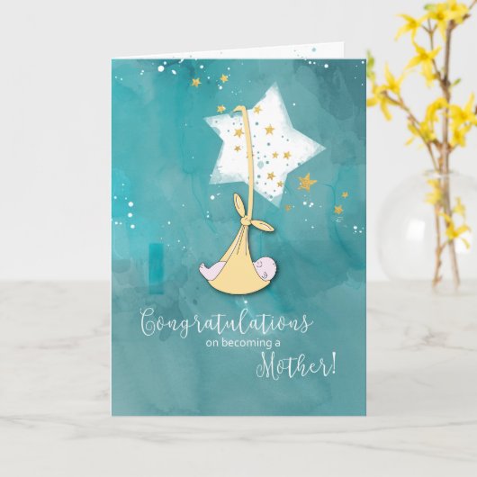 Moeder worden, Gefeliciteerd, Baby in Stars Kaart (Gele Bloem)