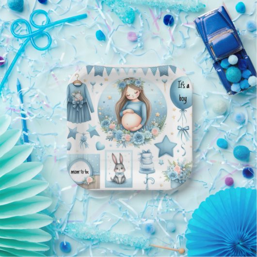 Moeder wordt jongen Baby shower blauw papier Bord (Feest)